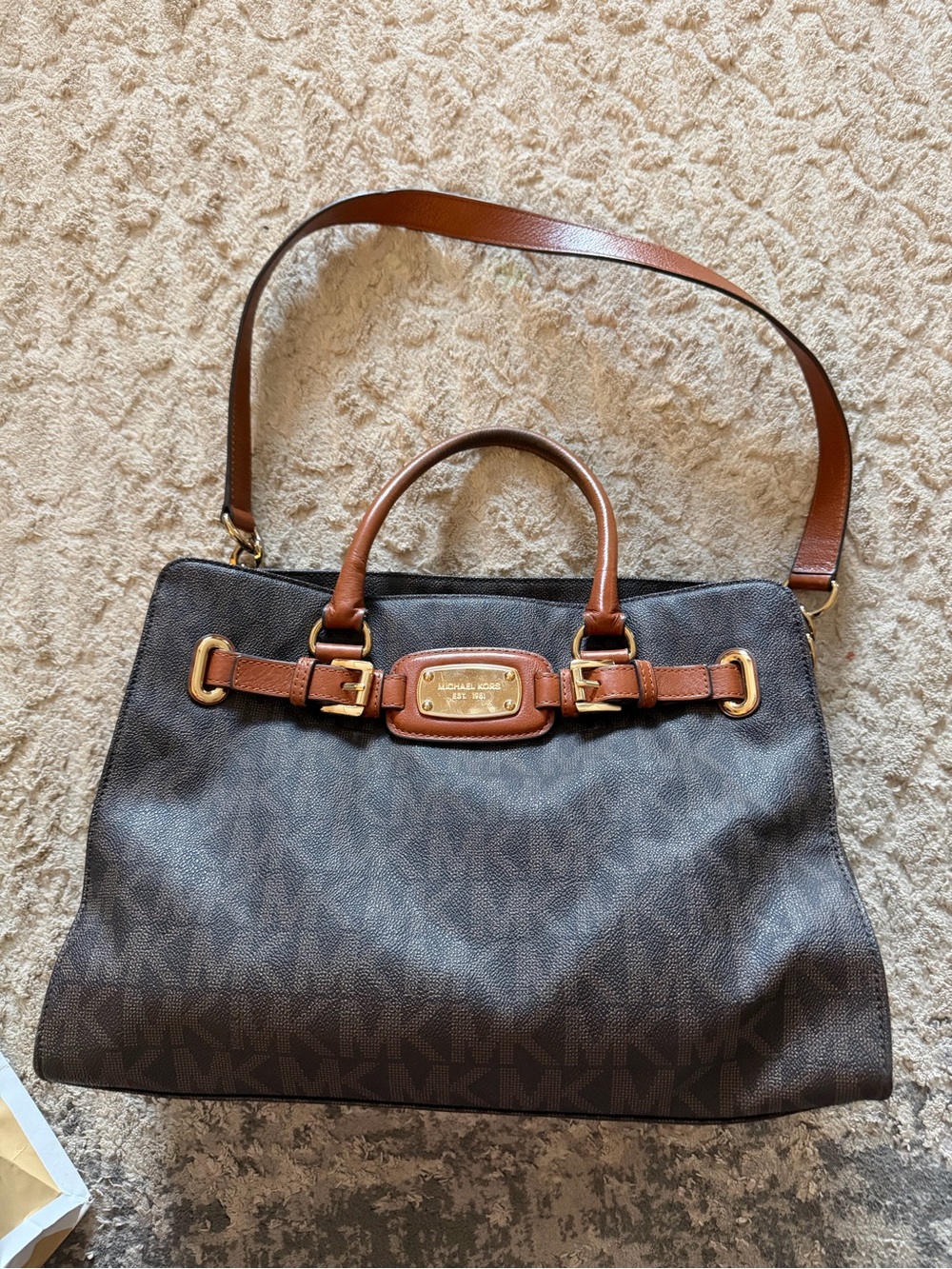 Michael Kors Dark Brown Logo Satchel with Tan Leather Trim